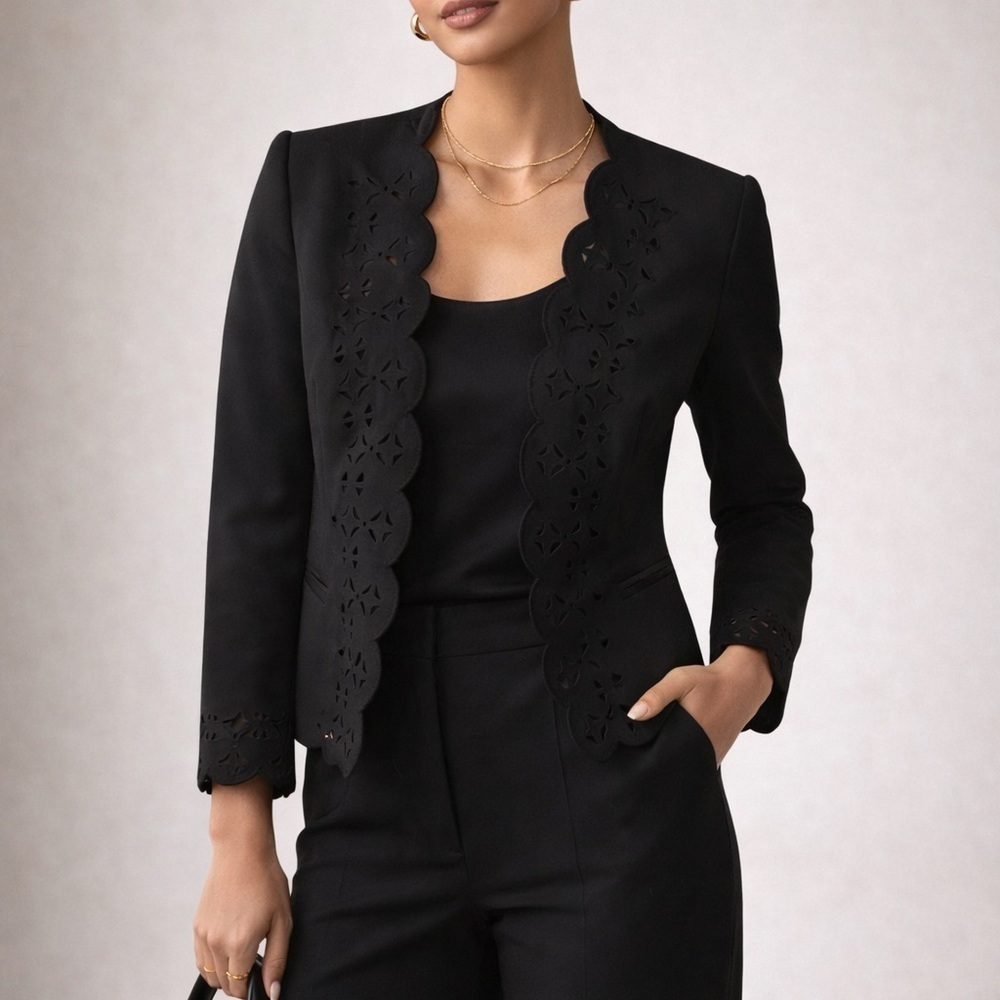 Banana Republic Laser Cut Black Blazer Size 2 Scalloped Tailored Jacket